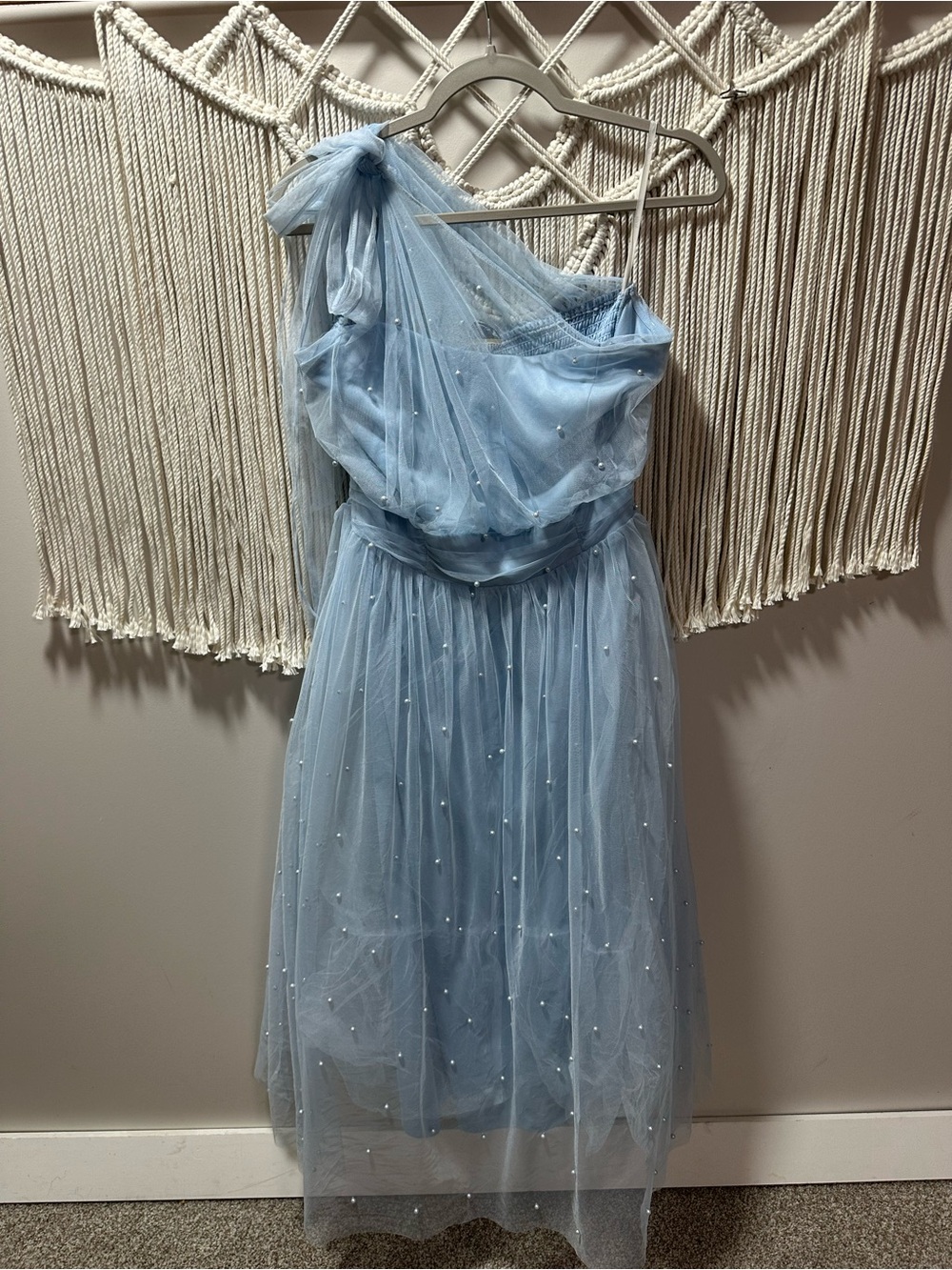 ARULA Light Blue One-Shoulder Tulle Dress with Pearl Accents